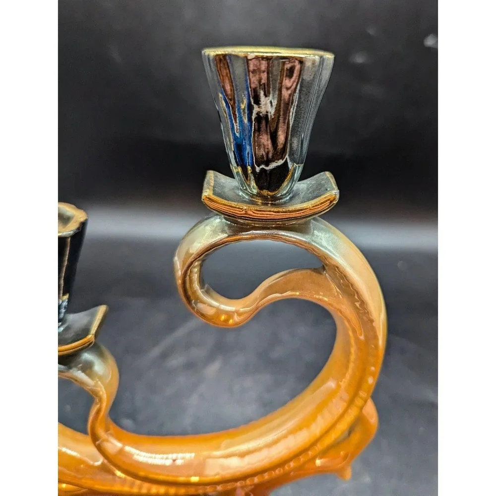 Vintage Orange Lusterware Ceramic Candelabra 9.75